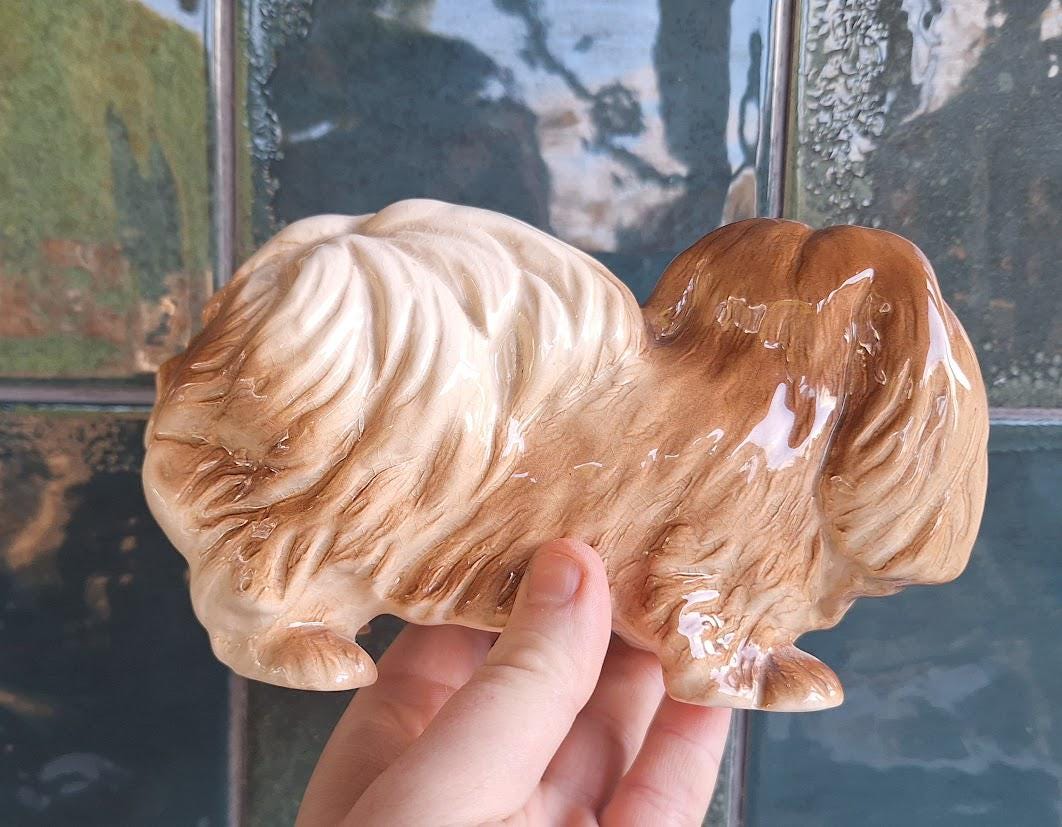 Vintage Coopercraft Style Ceramic Dog Figurine, Long Haired Pekinese Ornament, Gloss Glazed Spaniel Figure, Retro Dog Decor
