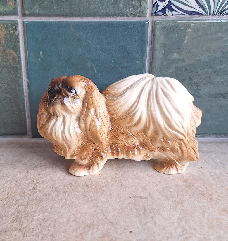 Vintage Coopercraft Style Ceramic Dog Figurine, Long Haired Pekinese Ornament, Gloss Glazed Spaniel Figure, Retro Dog Decor