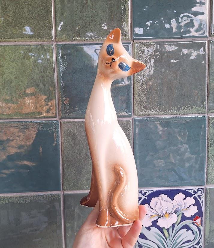 Vintage Tall Siamese Cat Figurine, Mid Century Ceramic Cat Ornament, Retro Kitsch Long Neck Cat, Gloss Glazed Animal Decor