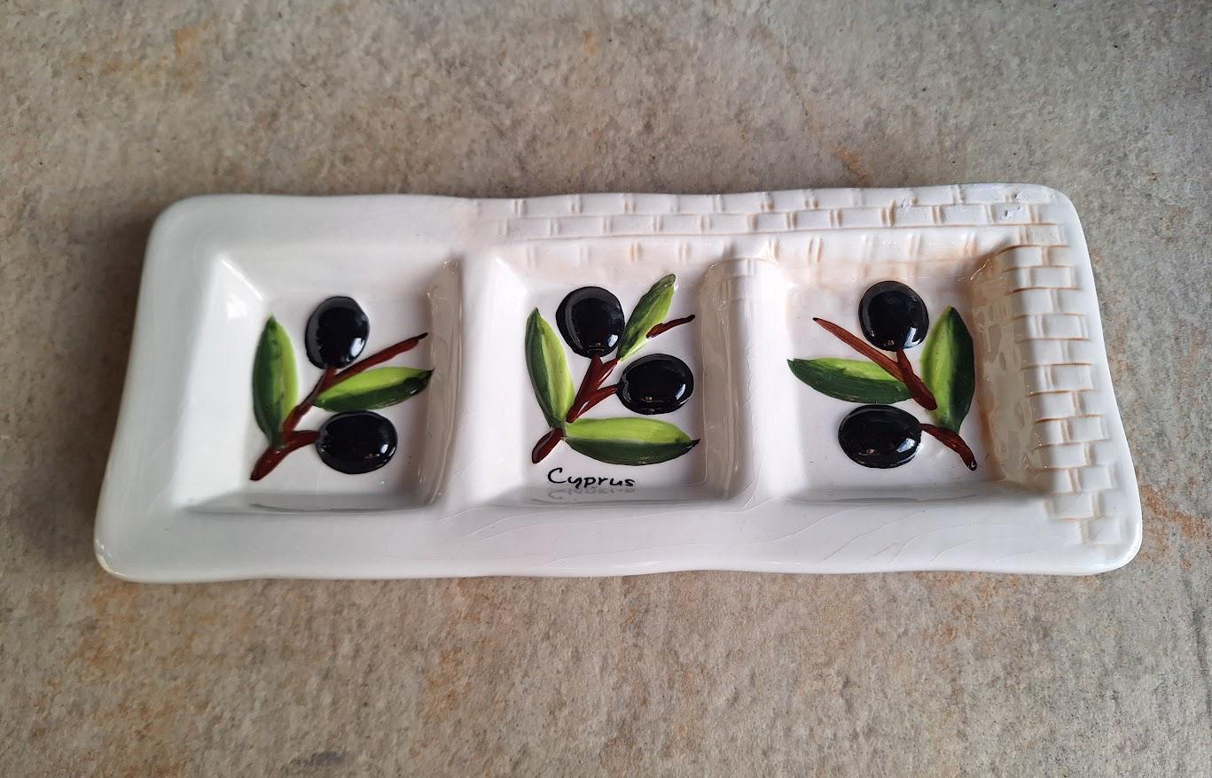 Vintage Cyprus Olive Serving Dish, Hand Painted Ceramic Meze Platter, Divided Tapas Dish, Mediterranean Kitchen Decor