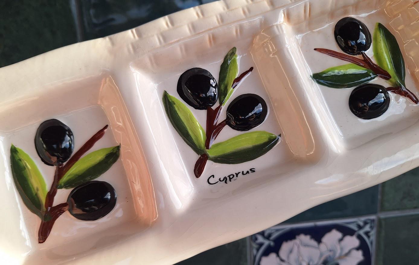 Vintage Cyprus Olive Serving Dish, Hand Painted Ceramic Meze Platter, Divided Tapas Dish, Mediterranean Kitchen Decor