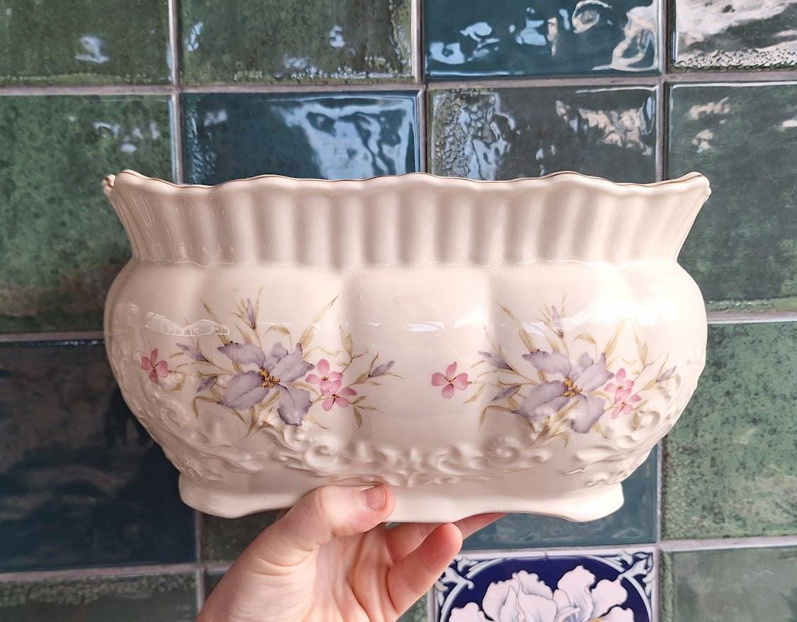 Vintage Olde Staffordshire Pottery Planter, Floral Ceramic Jardiniere, Handcrafted England Vase, Cottagecore Decorative Plant Pot