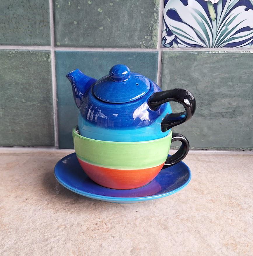 Whittard of Chelsea Tea for One Set, Colourful Striped Teapot Cup Saucer, Stacking Teaset, Modern Ceramic Teaware