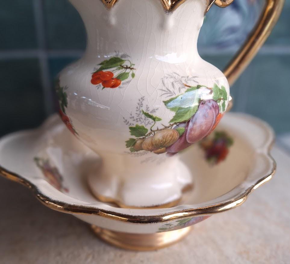 Vintage Ceramic Wash Jug & Bowl Set, Fruit Pattern Basin Pitcher, Gilt Handle Ewer Set, Decorative Washstand Set Cottagecore Decor