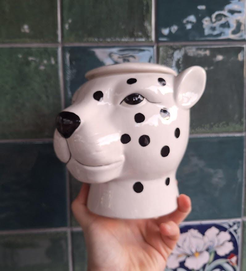 Novelty Dalmatian Head Cookie Jar, Ceramic Dog Biscuit Jar with Lid, Black White Spotted Storage Jar, Fun Kitchen Animal Storage