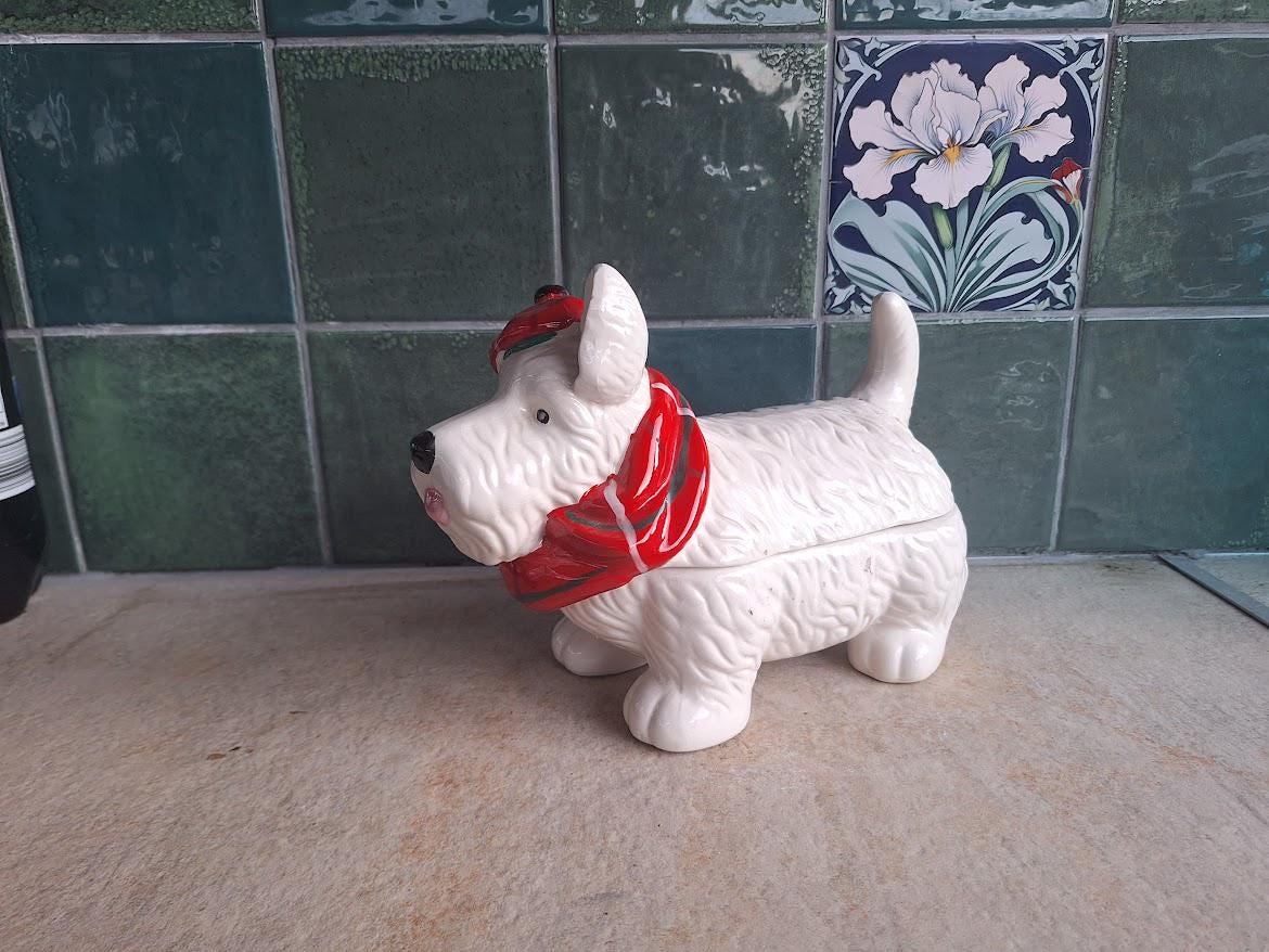 Novelty Scottie Dog Cookie Jar, Ceramic Terrier Biscuit Jar with Lid, White Dog Storage Jar Red Scarf Hat, Grandma Wilds Kitchen Decor