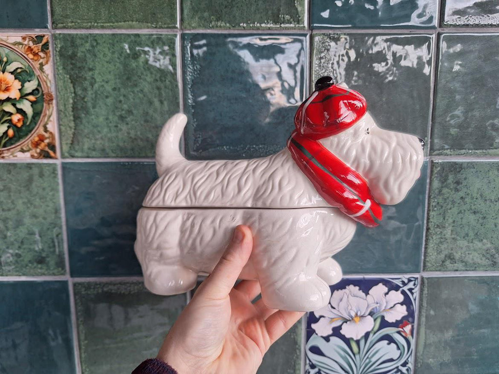 Novelty Scottie Dog Cookie Jar, Ceramic Terrier Biscuit Jar with Lid, White Dog Storage Jar Red Scarf Hat, Grandma Wilds Kitchen Decor