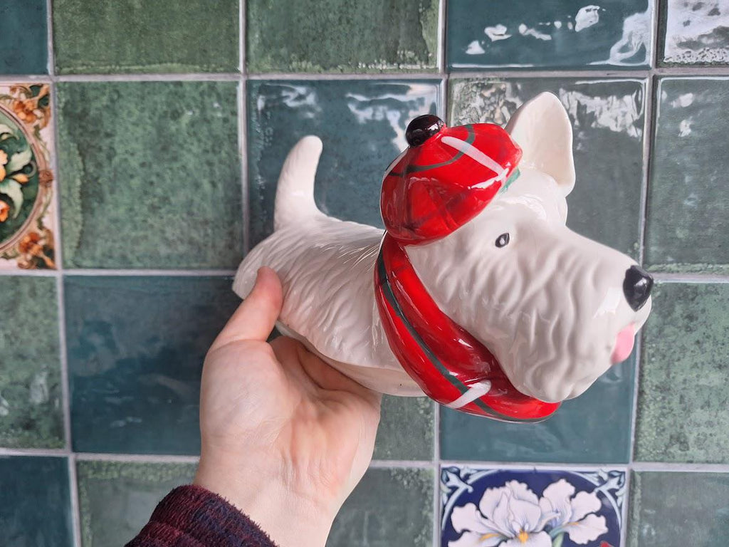 Novelty Scottie Dog Cookie Jar, Ceramic Terrier Biscuit Jar with Lid, White Dog Storage Jar Red Scarf Hat, Grandma Wilds Kitchen Decor