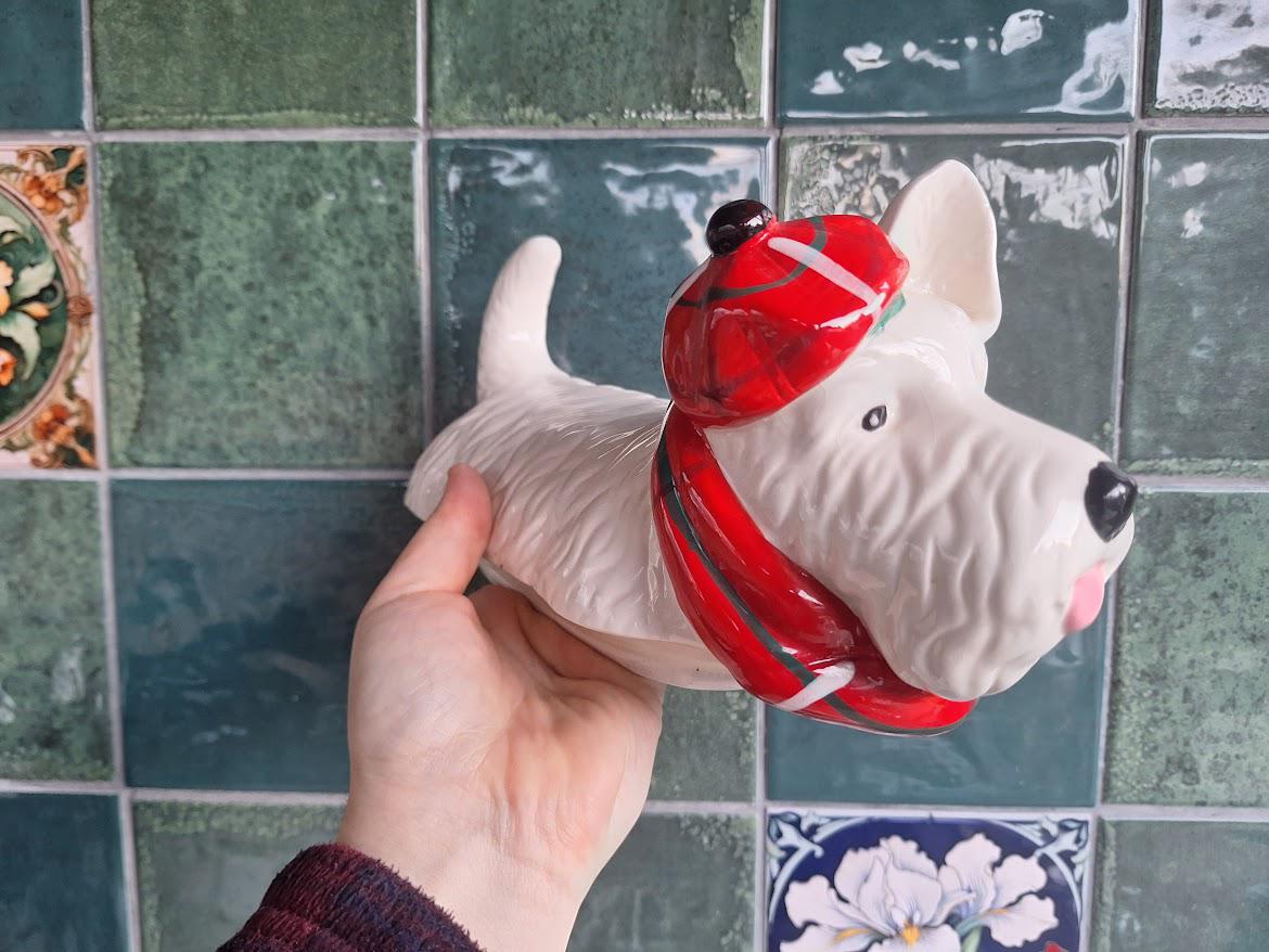 Novelty Scottie Dog Cookie Jar, Ceramic Terrier Biscuit Jar with Lid, White Dog Storage Jar Red Scarf Hat, Grandma Wilds Kitchen Decor