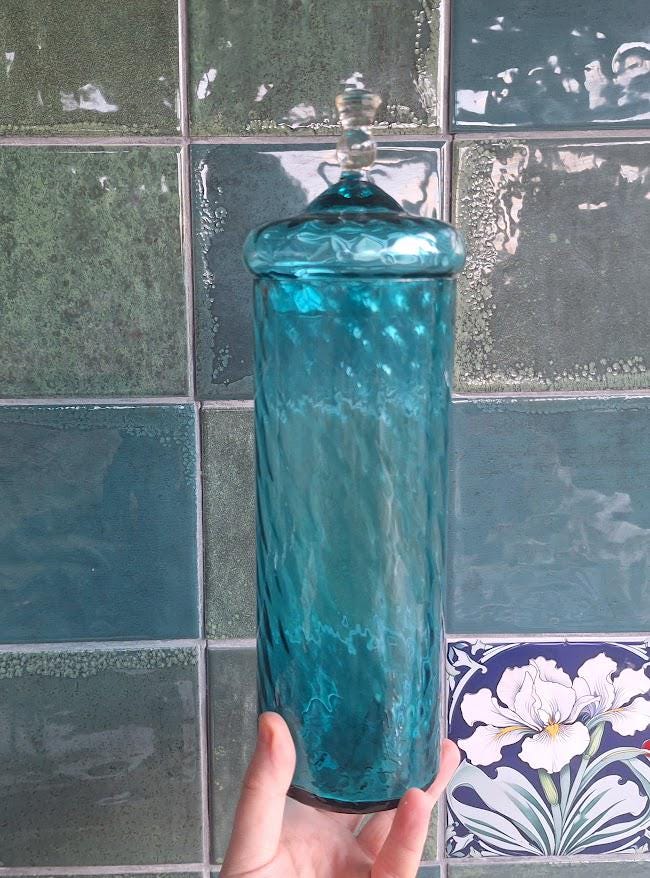 Tall Teal Blue Glass Apothecary Jar with Lid, Vintage Style Storage Jar, Decorative Bottle Vase, Textured Glass Canister