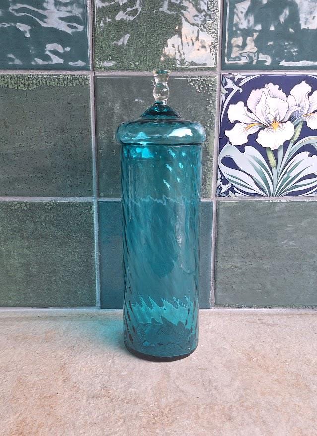 Tall Teal Blue Glass Apothecary Jar with Lid, Vintage Style Storage Jar, Decorative Bottle Vase, Textured Glass Canister
