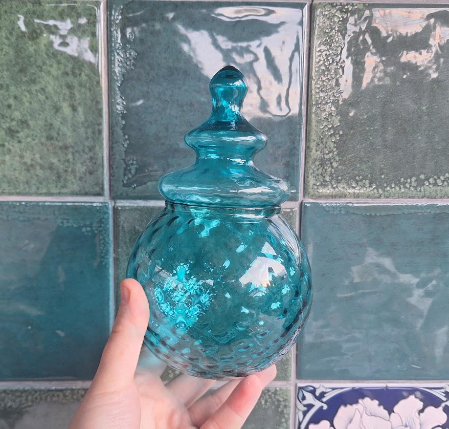 Vintage Style Teal Blue Glass Lidded Jar, Round Bubble Glass Trinket Pot, Decorative Candy Dish Storage Jar
