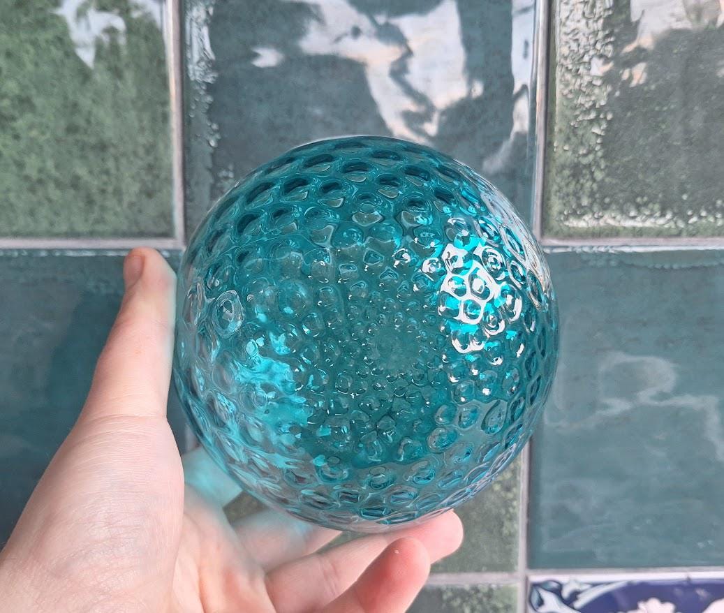 Vintage Style Teal Blue Glass Lidded Jar, Round Bubble Glass Trinket Pot, Decorative Candy Dish Storage Jar