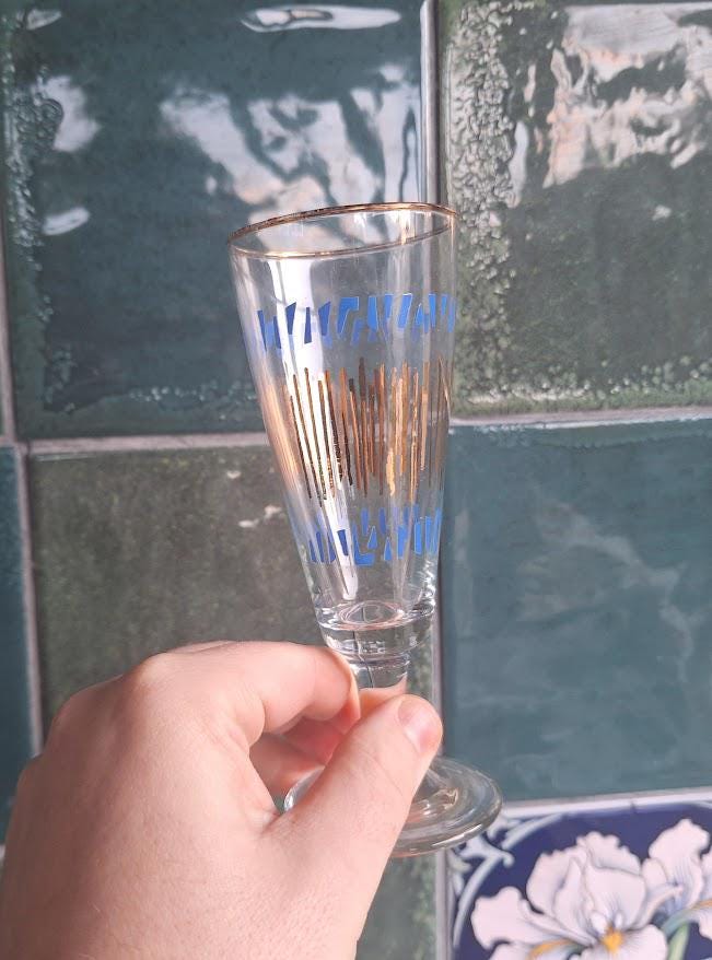 Set of 4 Vintage Champagne Flutes with Gold & Coloured Geometric Design, Retro Cocktail Glasses