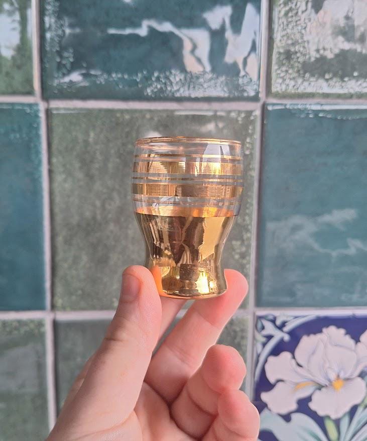 Set of 6 Vintage Gold Shot Glasses, Retro Barware, Gold Banded Liqueur Glasses
