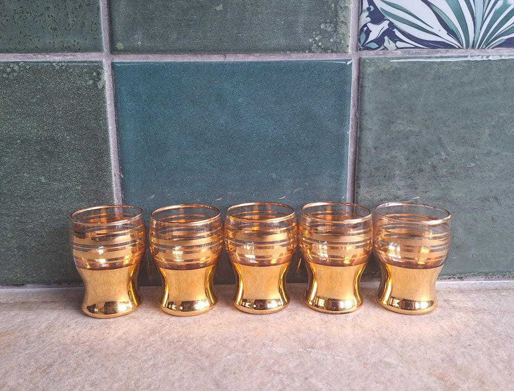 Set of 6 Vintage Gold Shot Glasses, Retro Barware, Gold Banded Liqueur Glasses