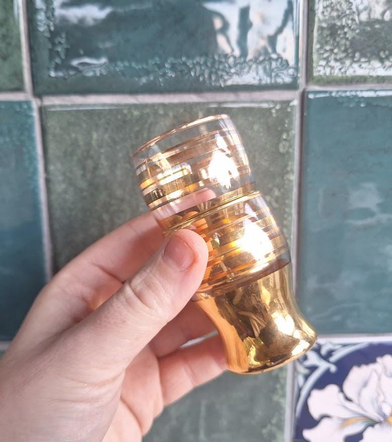 Set of 6 Vintage Gold Shot Glasses, Retro Barware, Gold Banded Liqueur Glasses