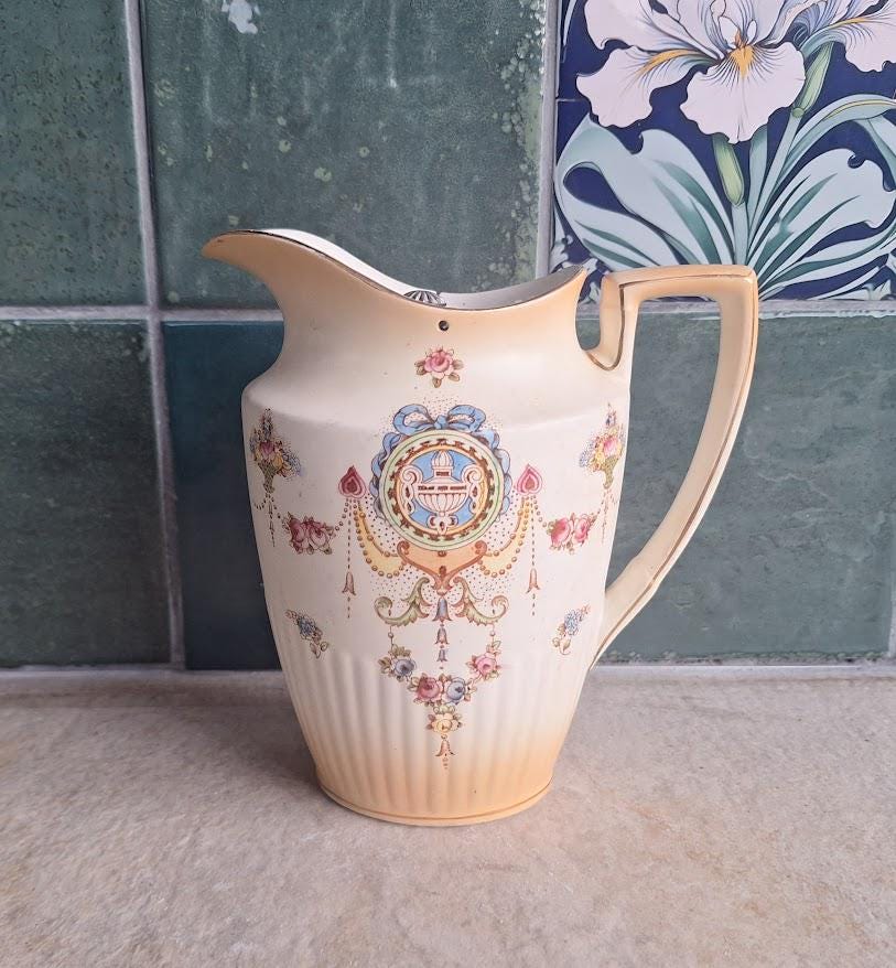 Vintage Crown Devon Jug with Strainer, Classical Lyre Design, 1930s40s Cream Pitcher, Made in England