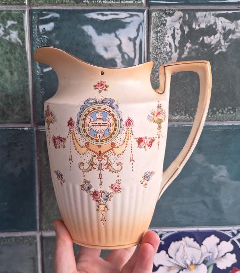 Vintage Crown Devon Jug with Strainer, Classical Lyre Design, 1930s40s Cream Pitcher, Made in England