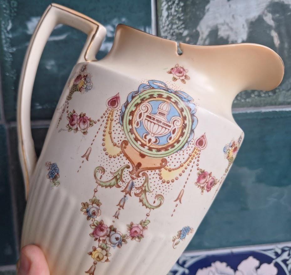 Vintage Crown Devon Jug with Strainer, Classical Lyre Design, 1930s40s Cream Pitcher, Made in England