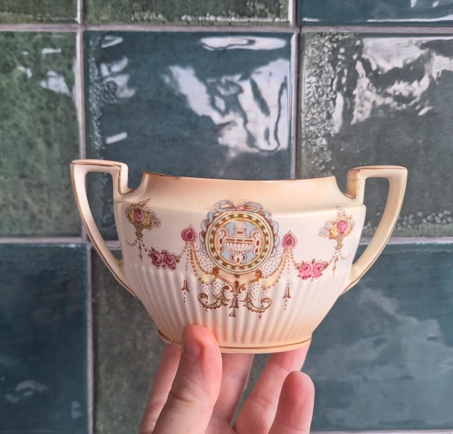 Vintage Crown Devon Twin Handle Sugar Bowl, Lyre Design, 1930s40s, Cream Floral Dish, Made in England