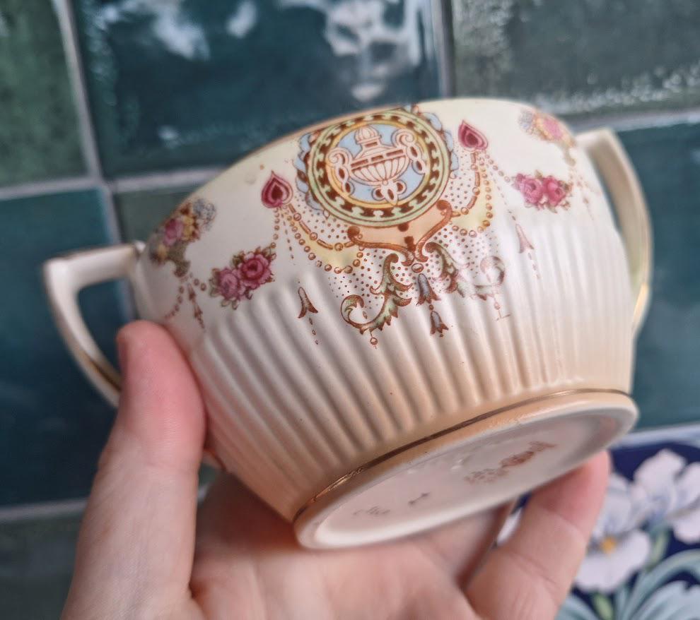 Vintage Crown Devon Twin Handle Sugar Bowl, Lyre Design, 1930s40s, Cream Floral Dish, Made in England