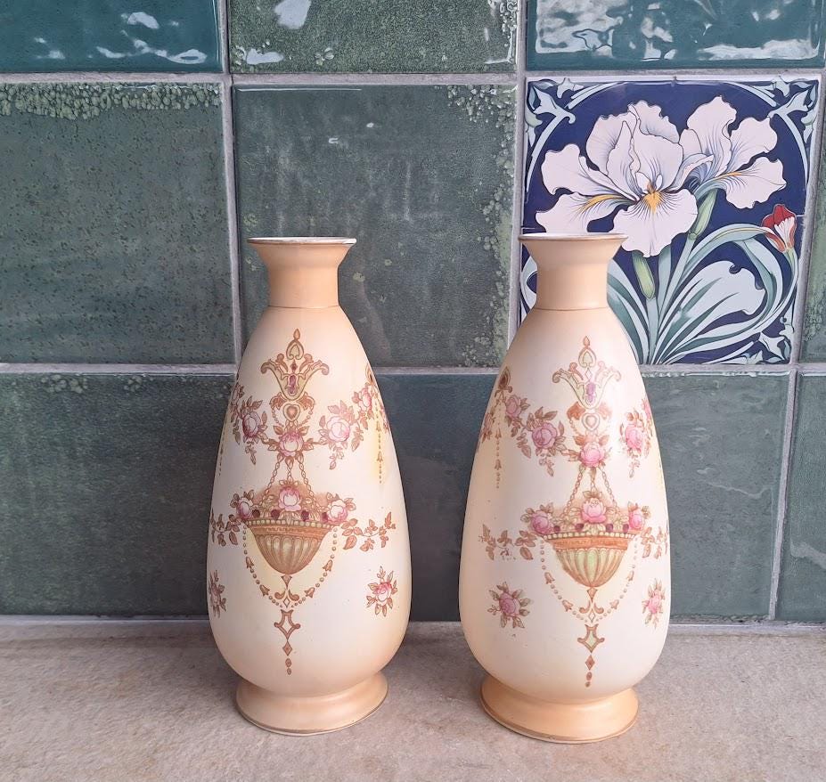 Vintage Pair Crown Devon Fieldings Vases Floral Lyre Pattern Art Deco Ceramic Mantel Vases Stoke on Trent England 1930s Cottage Decor