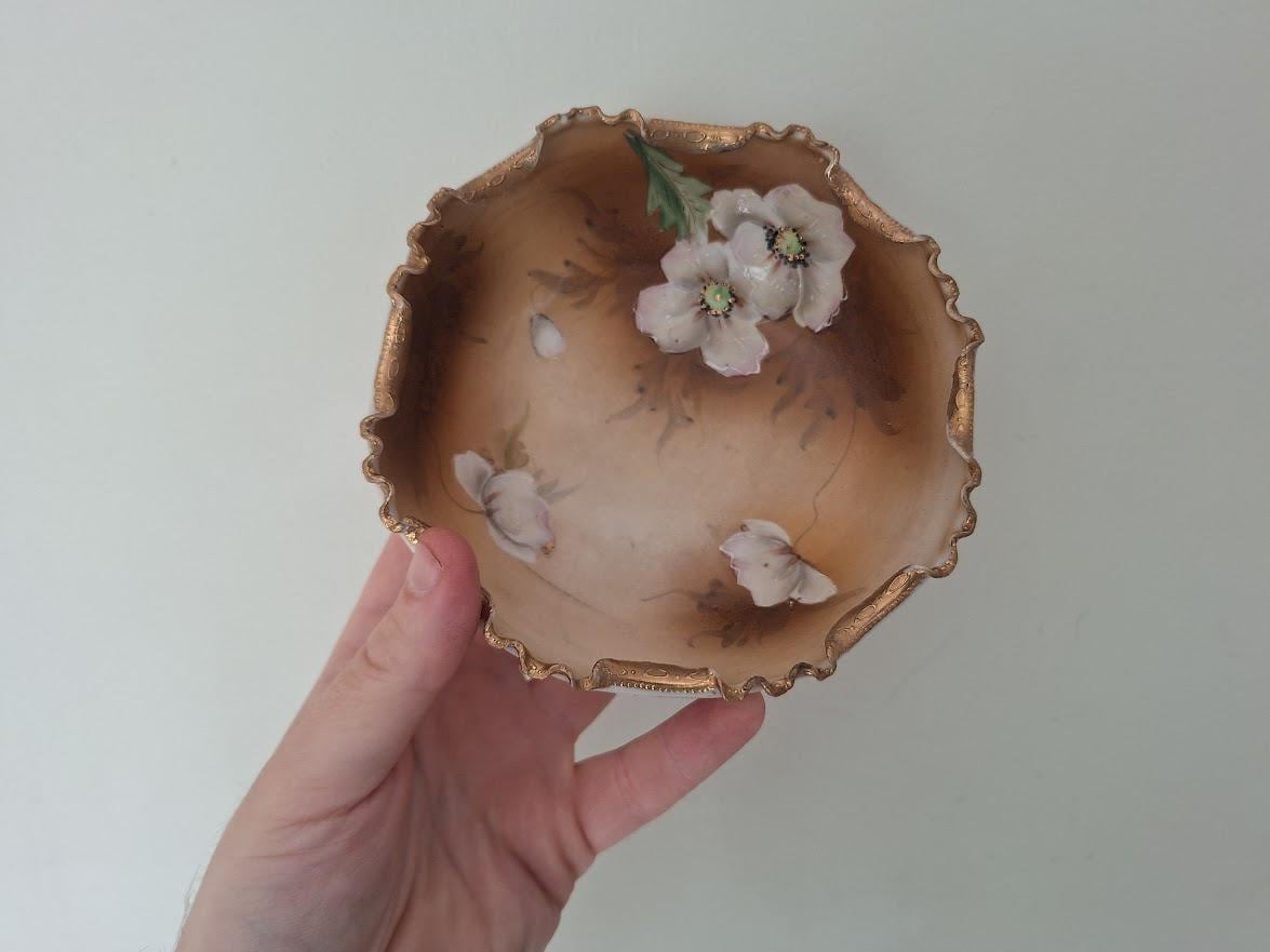 Antique Nippon Footed Porcelain Bowl: Hand Painted Floral Dish, Raised Enamel Flowers, Gilt Rim