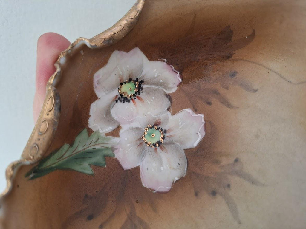 Antique Nippon Footed Porcelain Bowl: Hand Painted Floral Dish, Raised Enamel Flowers, Gilt Rim