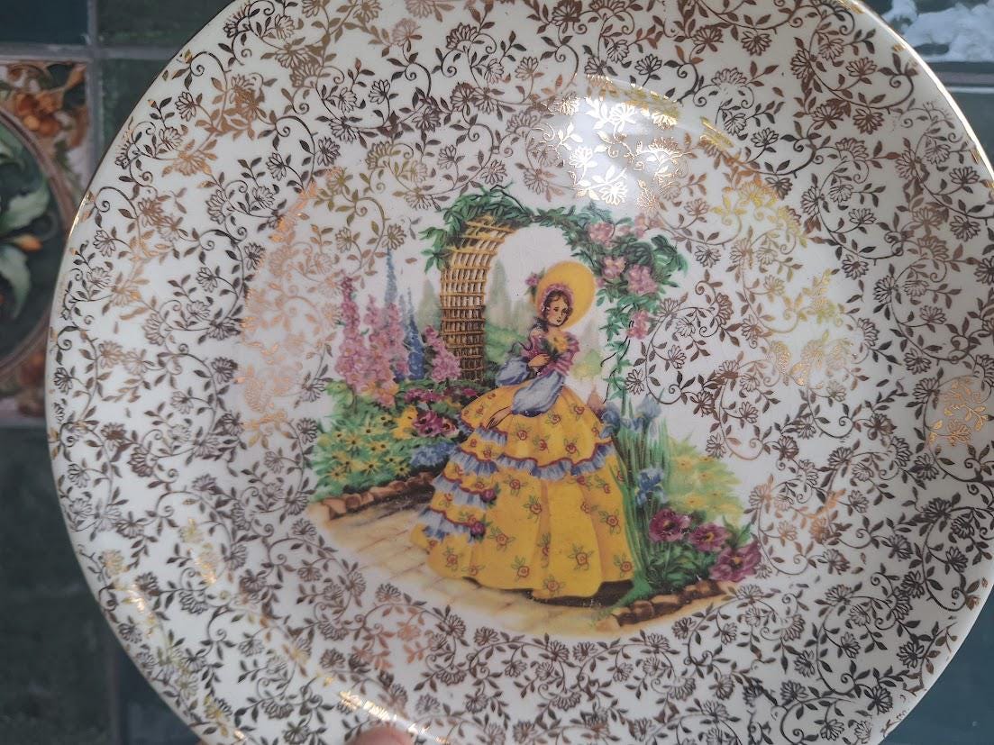 Vintage Alpine Melody Plate: Romantic Victorian Lady Garden Scene, Gilt Transferware Wall Decor