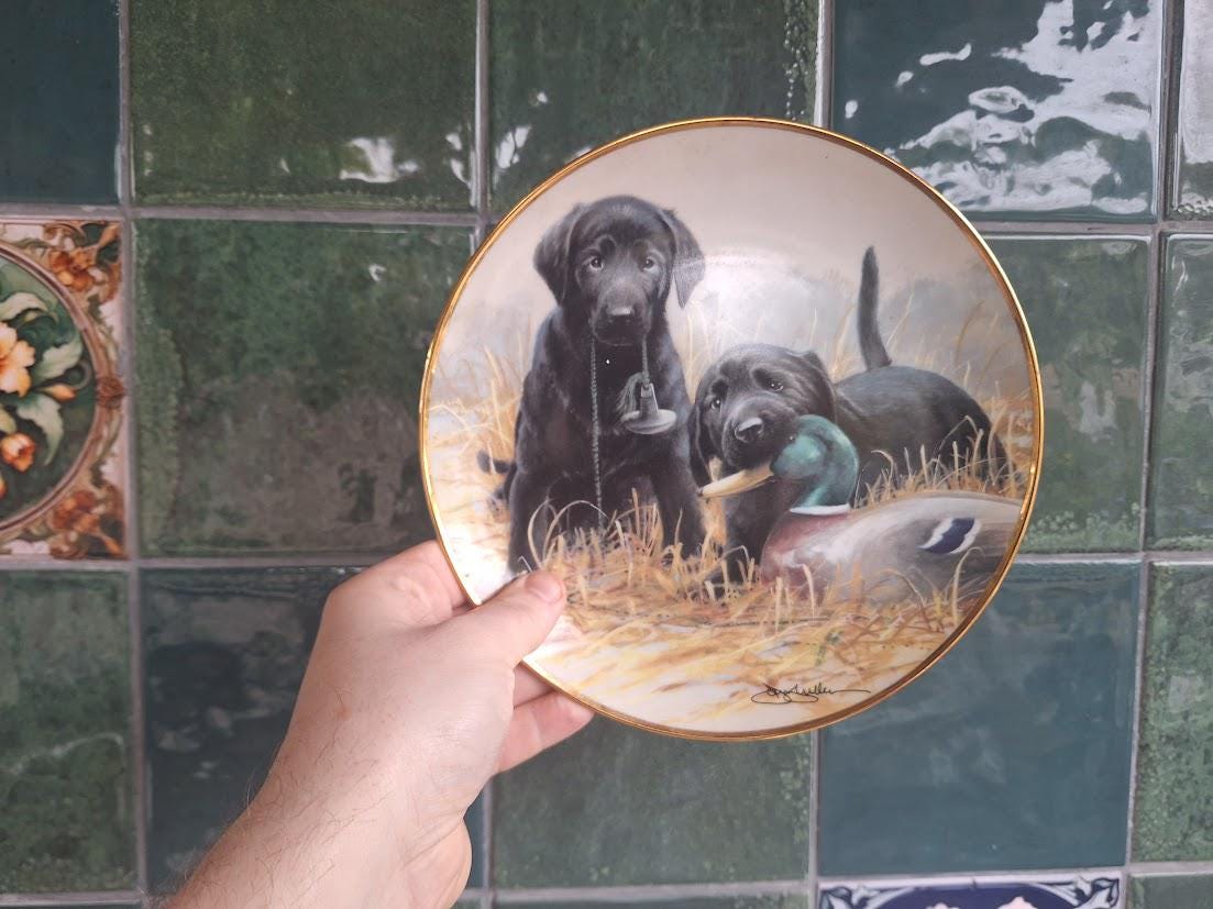 Franklin Mint Black Labrador Puppies Collector Plate: Beginners Luck Hunting Dog (1991)