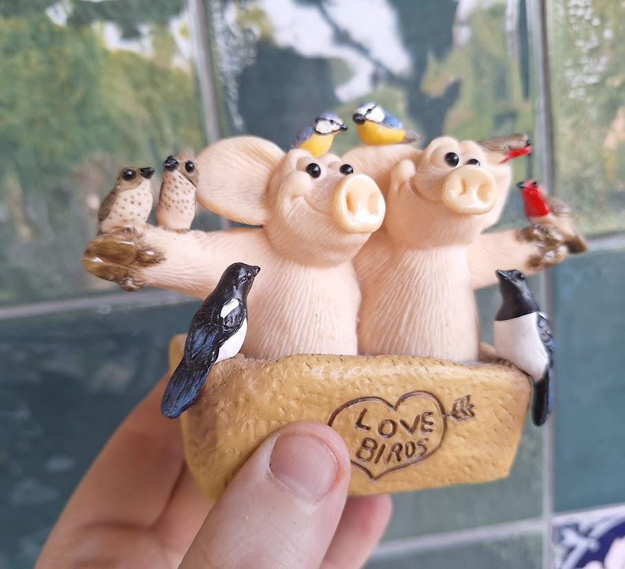 Piggin Love Birds Figurine David Corbridge 2001 Handmade Pig Ornament Collectable Bird Lovers Gift