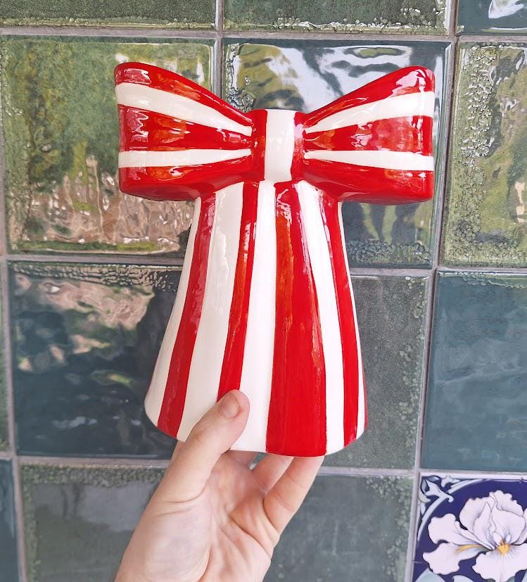 Large Ceramic Bow Vase: Red White Stripes, Candy Cane Style Home Decor