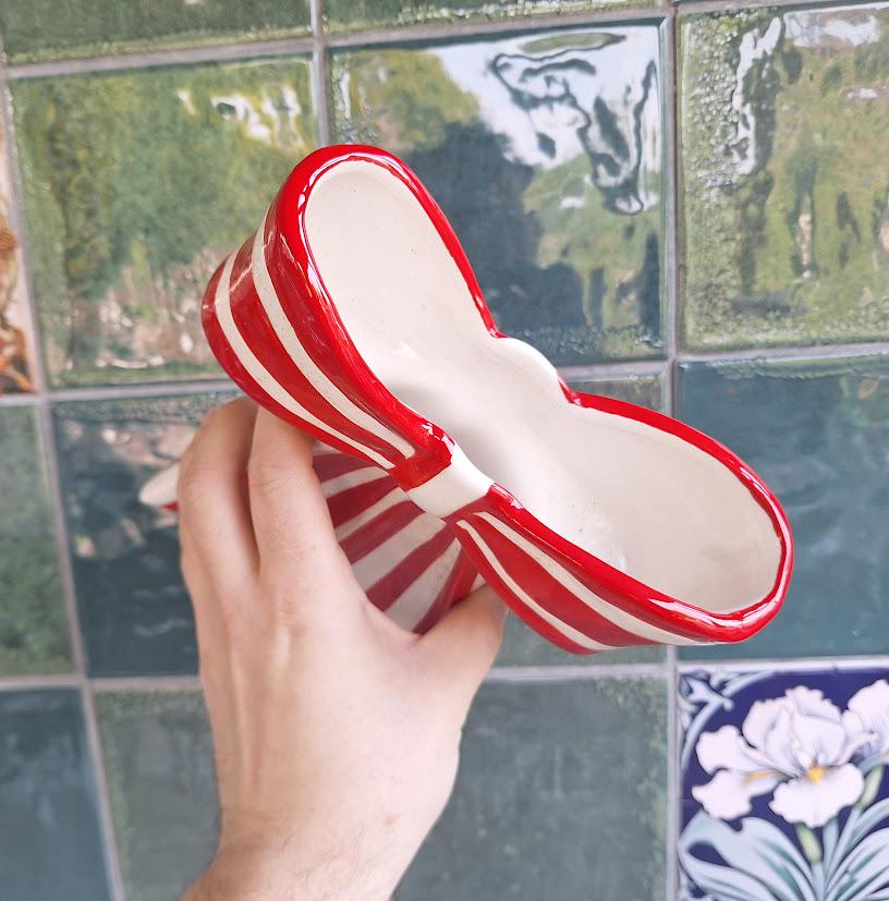 Large Ceramic Bow Vase: Red White Stripes, Candy Cane Style Home Decor