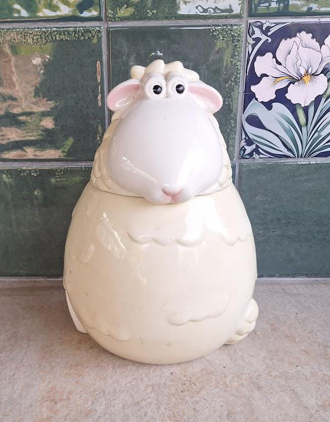 Large Ceramic Sheep Cookie Jar: Farmhouse Kitchen Storage Pot, Rustic Cottage Decor