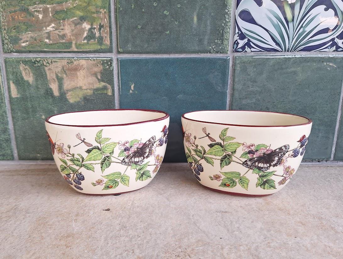 Ceramic Planters Set: Butterfly, Blackberry, Floral Cottagecore Garden Bowls