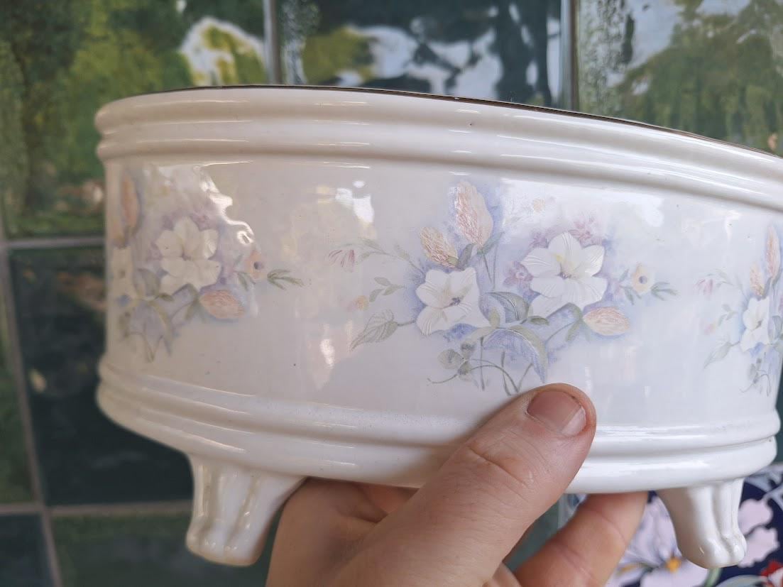 Equestrian Staffordshire Floral Ceramic Jardiniere Planter  Footed Cottage Garden Pot