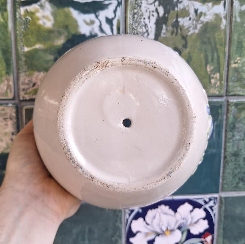 Embossed Floral Ceramic Planter: Pink Lily, Bluebell Jardiniere  Cottage Garden Home Display