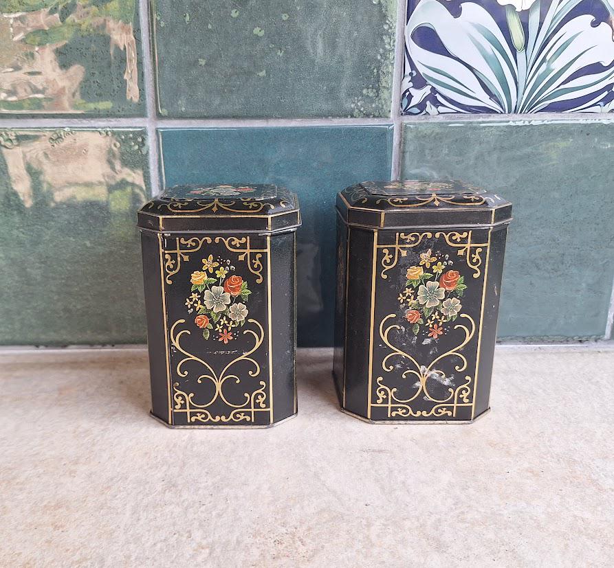 Vintage Black Floral Tea Coffee Tins  Gold Scroll Octagonal Canisters Cottage Decor