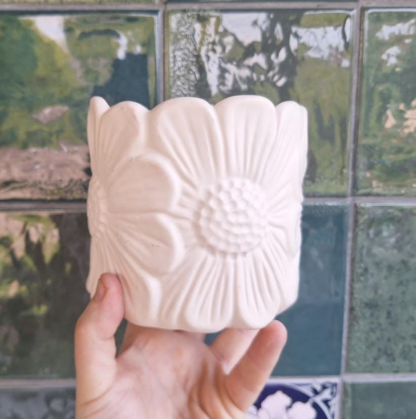 Set of 2 Embossed Daisy Ceramic Planters  Cottagecore Floral Cachepots
