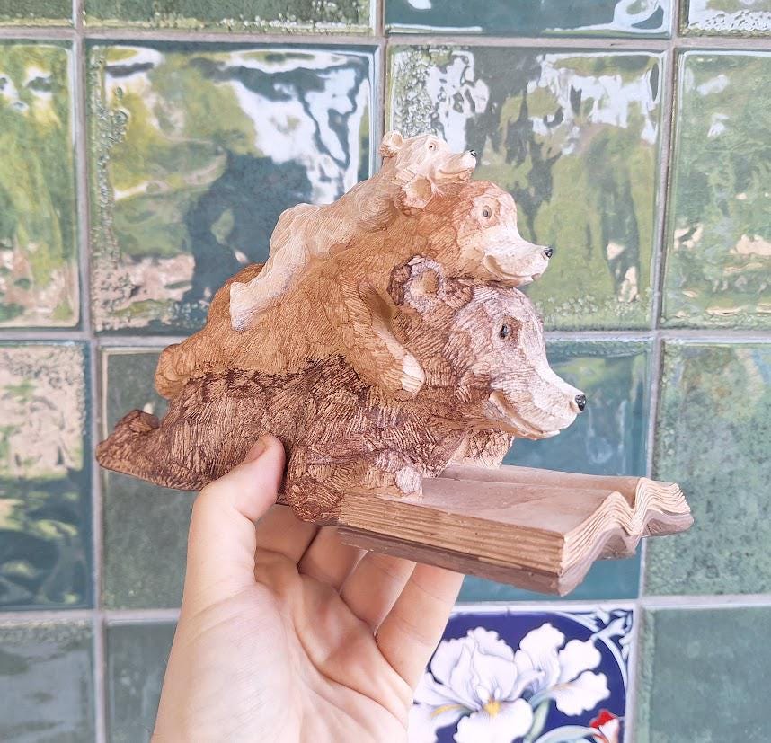 Vintage Bear Family Bookend Ornament: Resin Woodland Bears Reading Book Shelf Decor