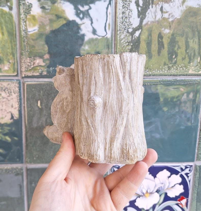Vintage Bear Cub Resin Pen Holder: Rustic Woodland Desk Organizer Ornament