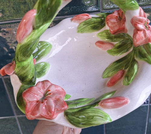 Hand-Painted Ceramic Basket Bowl: Pink Floral Centrepiece, Cottagecore Decor