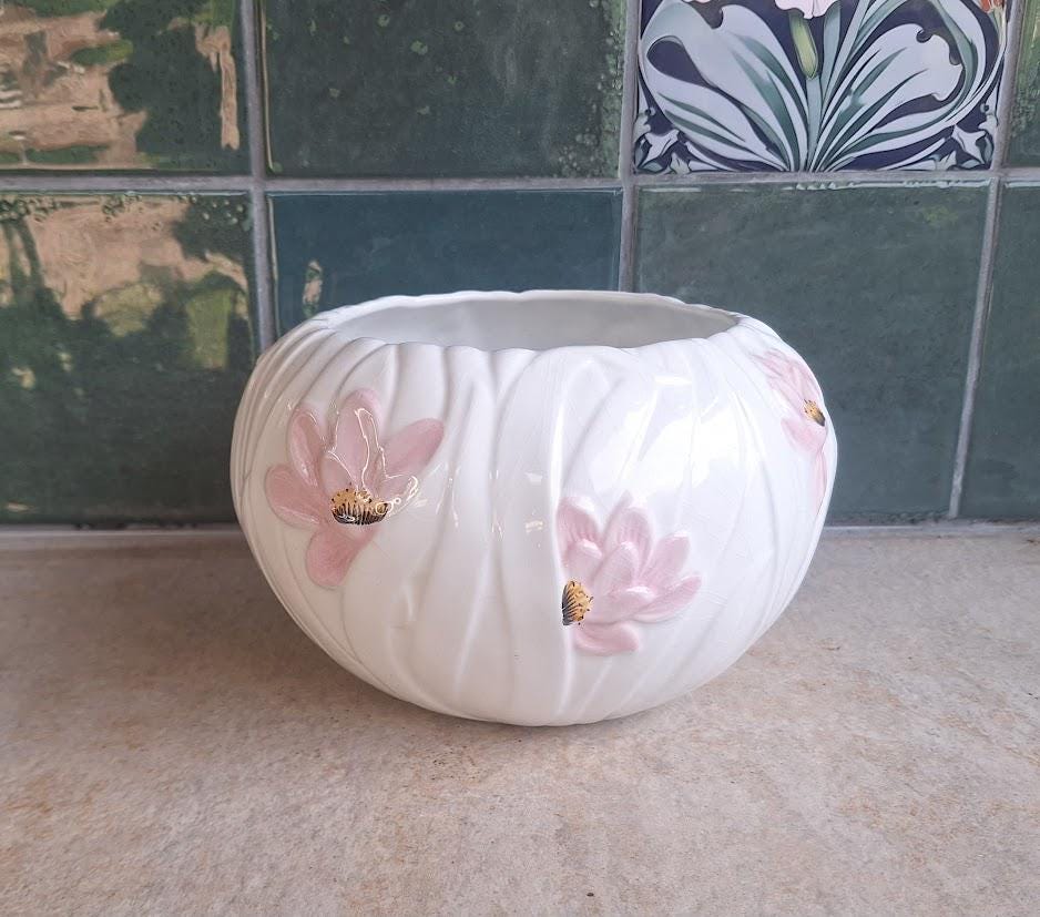 Vintage Ceramic Bowl: Pink Blossom Relief, Cottagecore Home Decor, Potpourri Holder