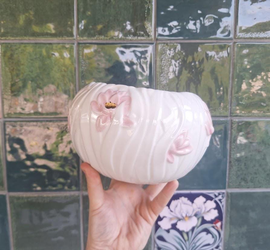 Vintage Ceramic Bowl: Pink Blossom Relief, Cottagecore Home Decor, Potpourri Holder