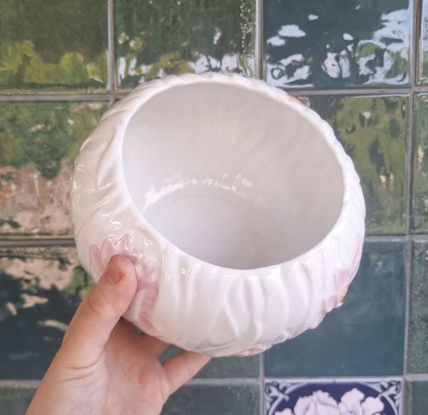 Vintage Ceramic Bowl: Pink Blossom Relief, Cottagecore Home Decor, Potpourri Holder