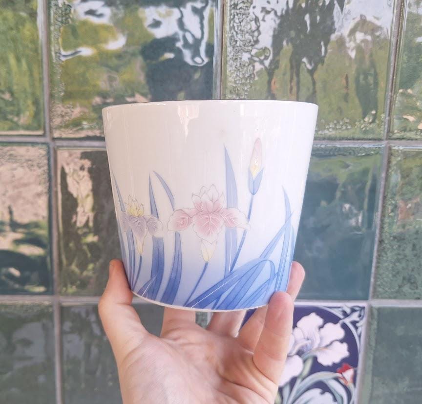 Vintage St Michael Iris Porcelain Cache Pot Planter Vase  Japanese Floral Decor