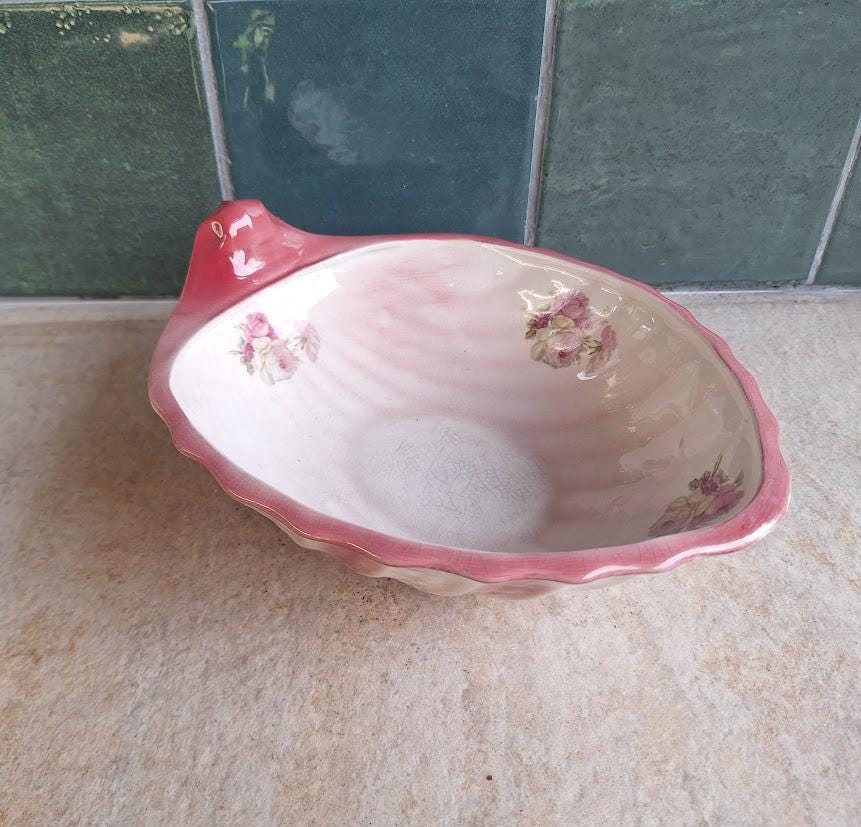 Vintage Pink Shell Dish: Floral Porcelain Trinket Bowl, Cottagecore Rose Bouquet Vanity Tray