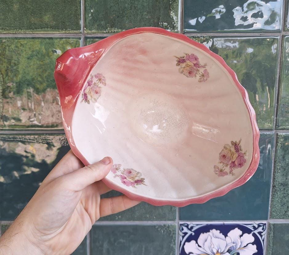 Vintage Pink Shell Dish: Floral Porcelain Trinket Bowl, Cottagecore Rose Bouquet Vanity Tray