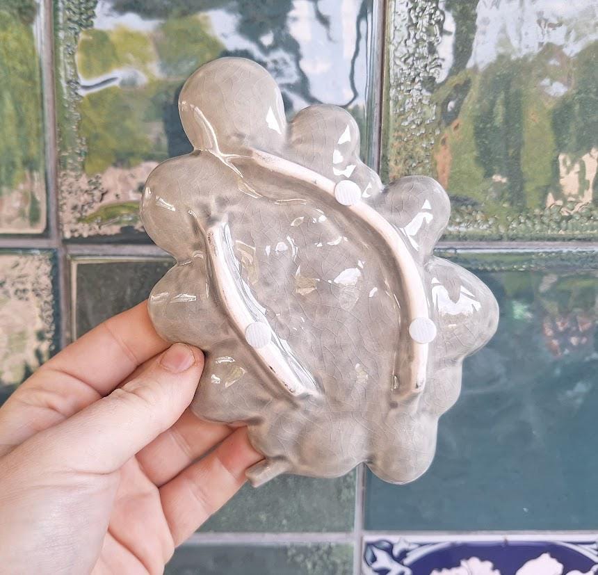 Vintage Ceramic Grape Cluster Trinket Dish, Grey Crackle Glaze Ring Holder